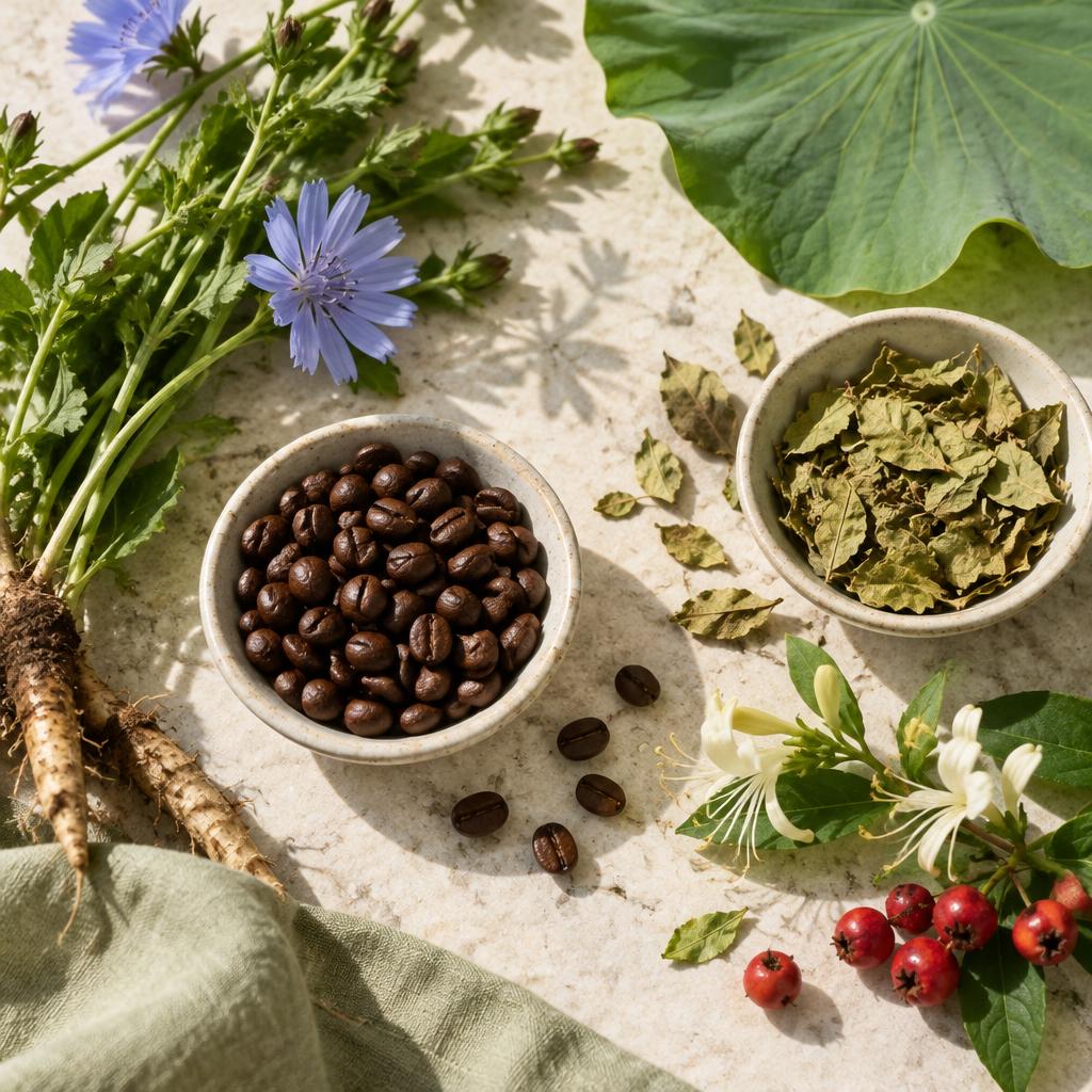 Illustrative coffee beans, chicory, lotus leaf, dried leaves, flowers and hawthorn berries